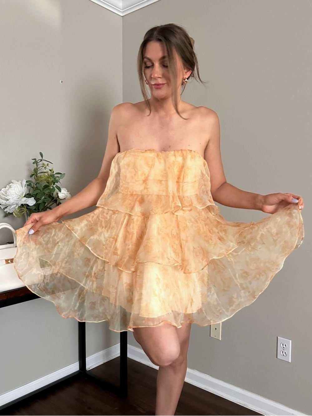 Strapless Summer Event Dress Peach Tiered Mini Dress